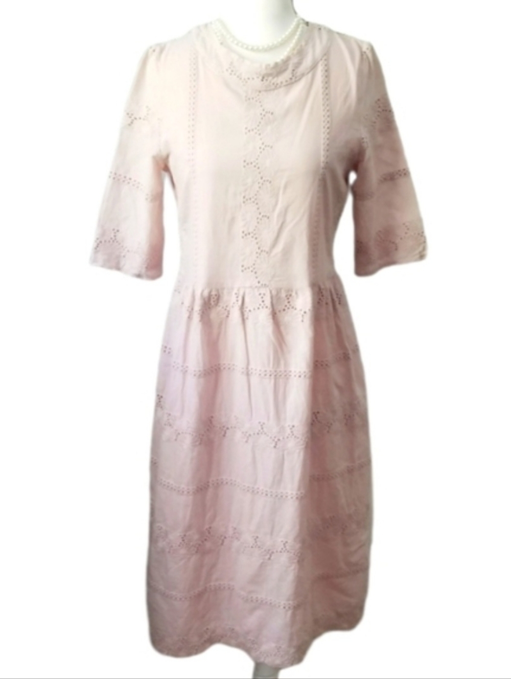 Roolee Blush Light Pink Eyelet Floral Embroidered Short Sleeve Boho Midi Dress